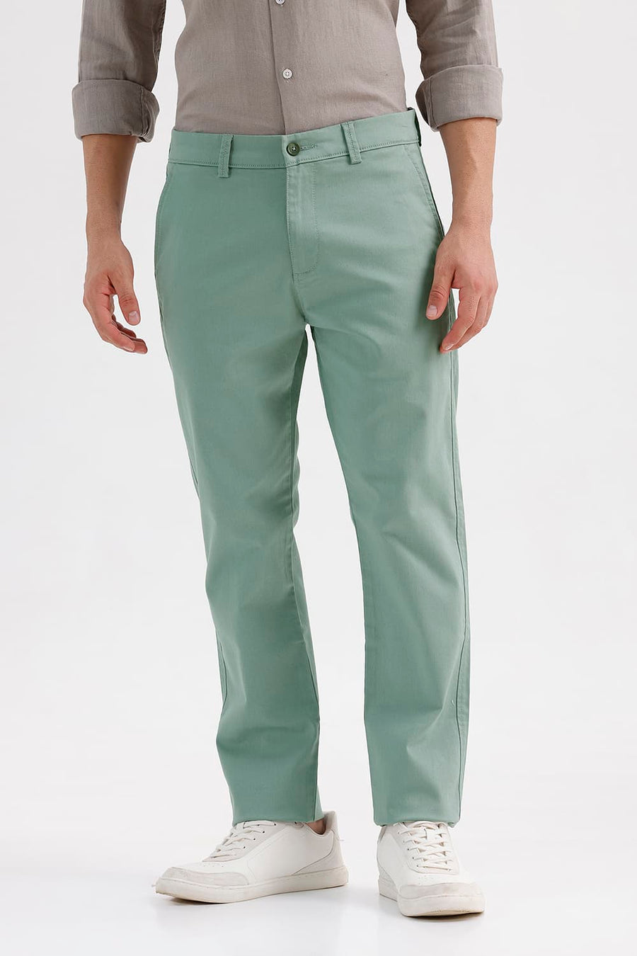 BASICS TAPERED FIT GREEN MILIEU COTTON STRETCH STRUCTURE TROUSER