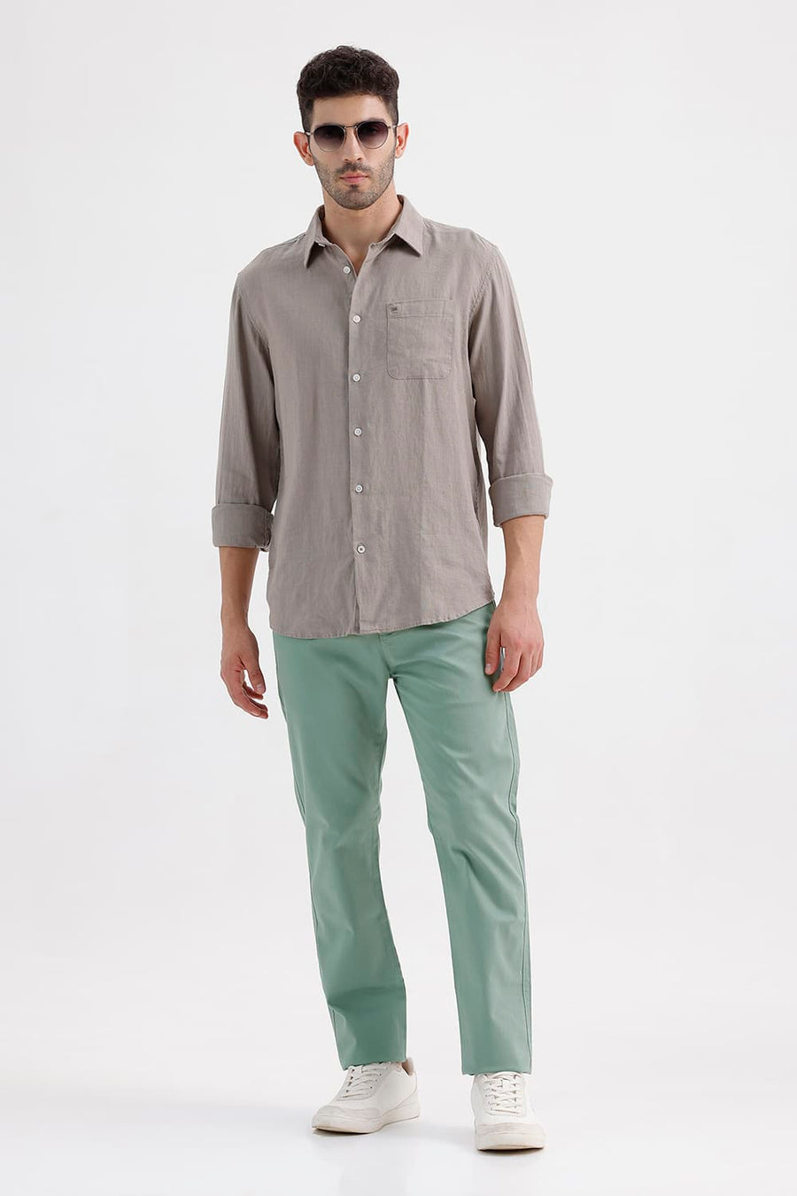 BASICS TAPERED FIT GREEN MILIEU COTTON STRETCH STRUCTURE TROUSER