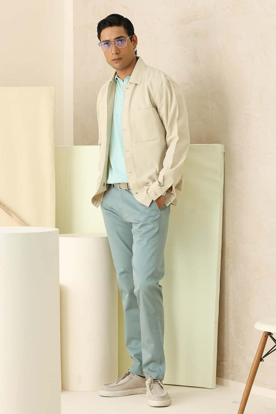 Basics Tapered Fit Green Milieu Cotton Stretch Structure Trouser