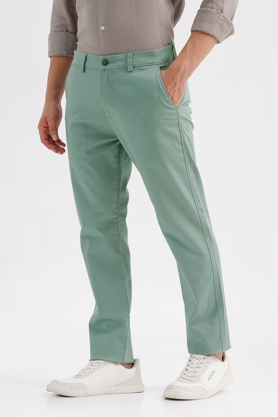 BASICS TAPERED FIT GREEN MILIEU COTTON STRETCH STRUCTURE TROUSER
