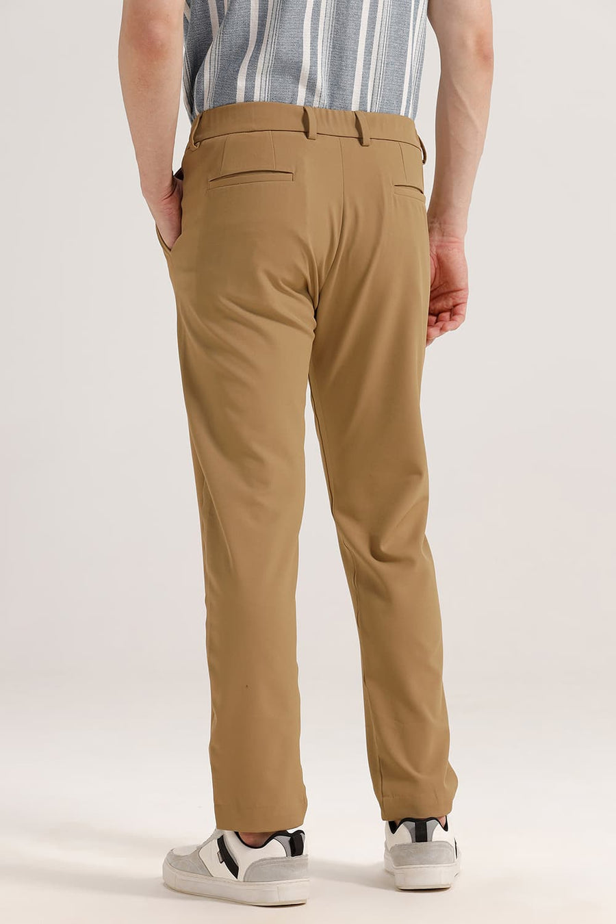 BASICS DRIFT FIT TANIN KHAKI POLYESTER CLASSIC 4 WAY STRETCH TROUSER