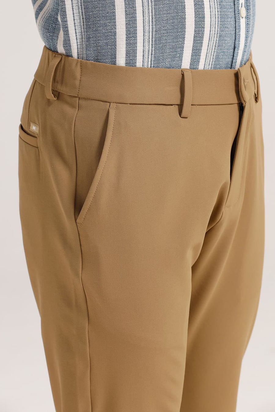 BASICS DRIFT FIT TANIN KHAKI POLYESTER CLASSIC 4 WAY STRETCH TROUSER