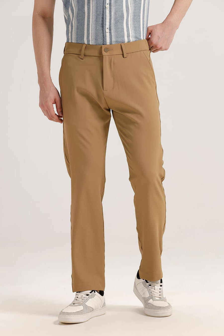 BASICS DRIFT FIT TANIN KHAKI POLYESTER CLASSIC 4 WAY STRETCH TROUSER