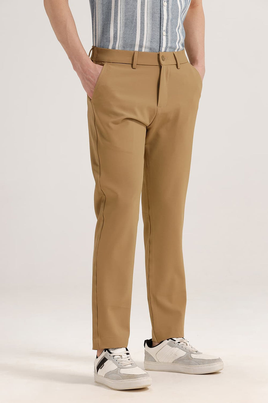 BASICS DRIFT FIT TANIN KHAKI POLYESTER CLASSIC 4 WAY STRETCH TROUSER