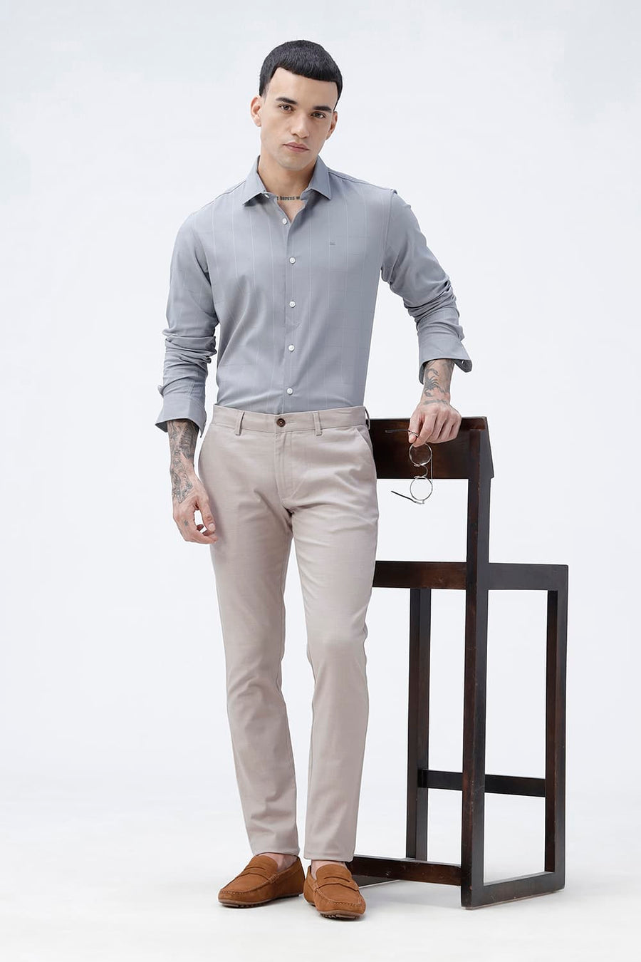 BASICS TAPERED FIT ETHEREA PINK COTTON STRETCH STRUCTURE TROUSER