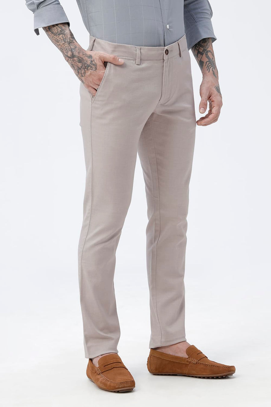 BASICS TAPERED FIT ETHEREA PINK COTTON STRETCH STRUCTURE TROUSER