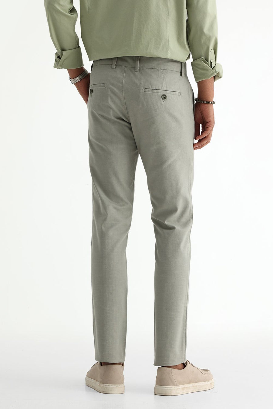 BASICS TAPERED FIT FOREST FOG GREEN COTTON STRETCH STRUCTURE TROUSER