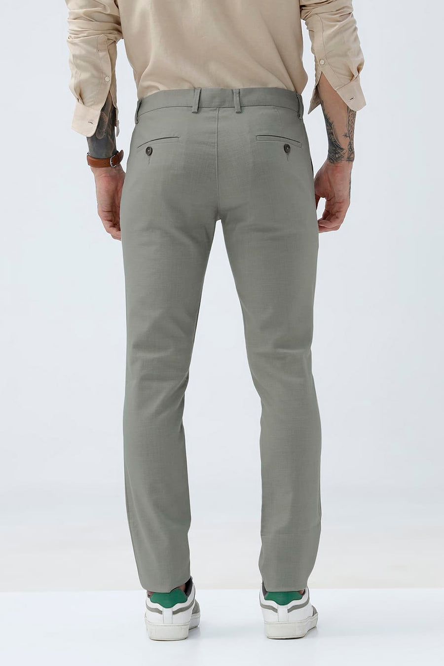 BASICS TAPERED FIT FOREST FOG GREEN COTTON STRETCH STRUCTURE TROUSER