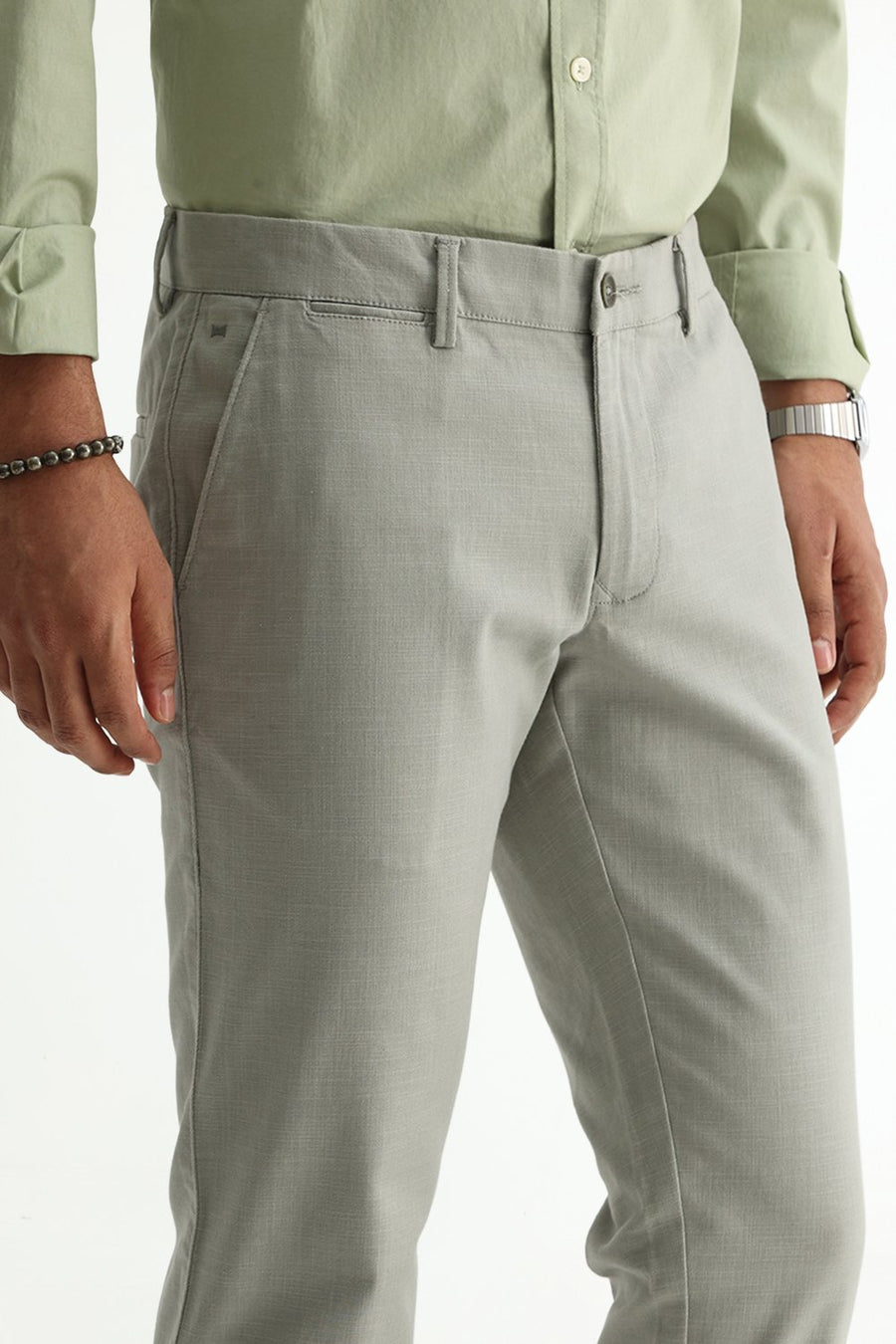 BASICS TAPERED FIT FOREST FOG GREEN COTTON STRETCH STRUCTURE TROUSER