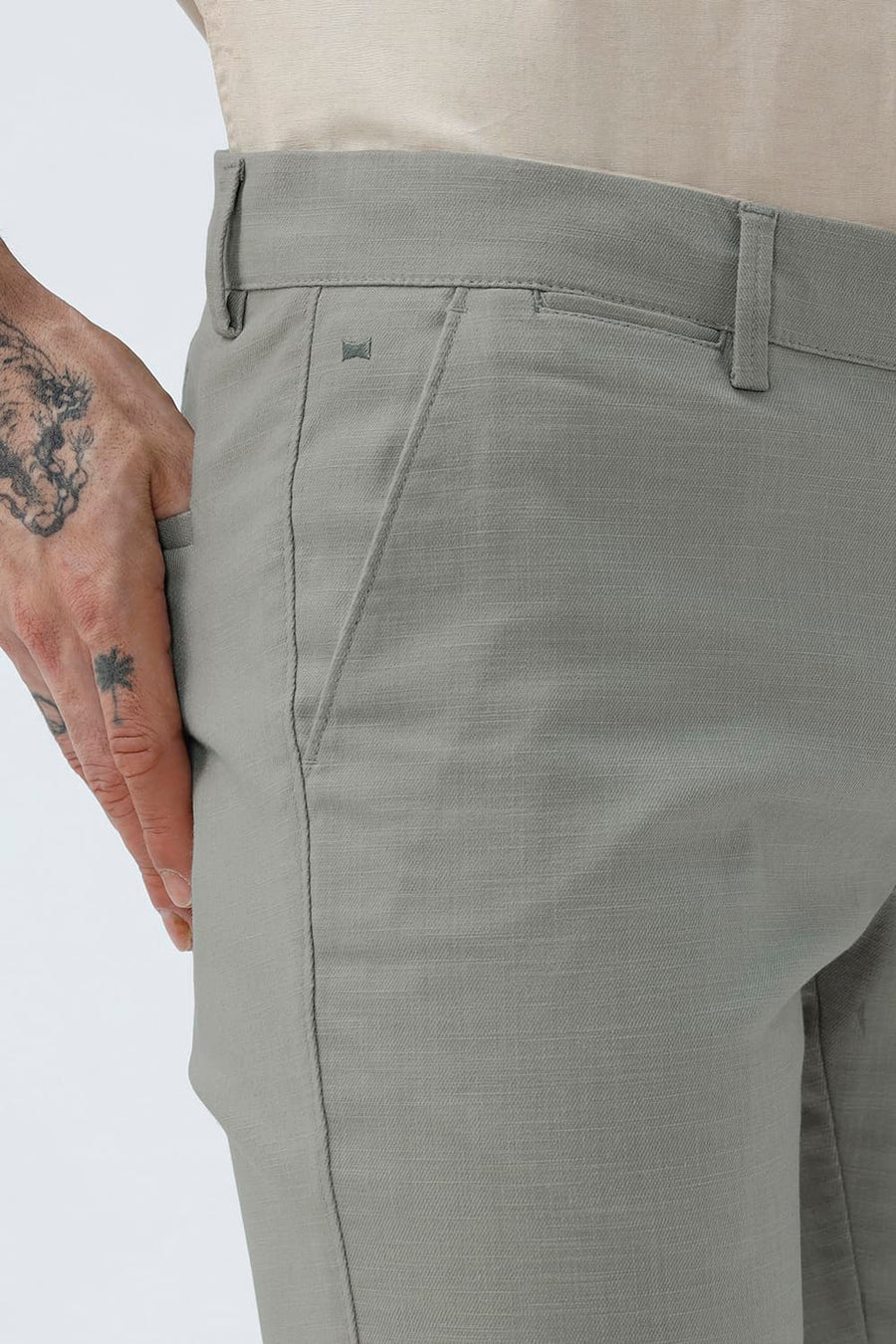 BASICS TAPERED FIT FOREST FOG GREEN COTTON STRETCH STRUCTURE TROUSER