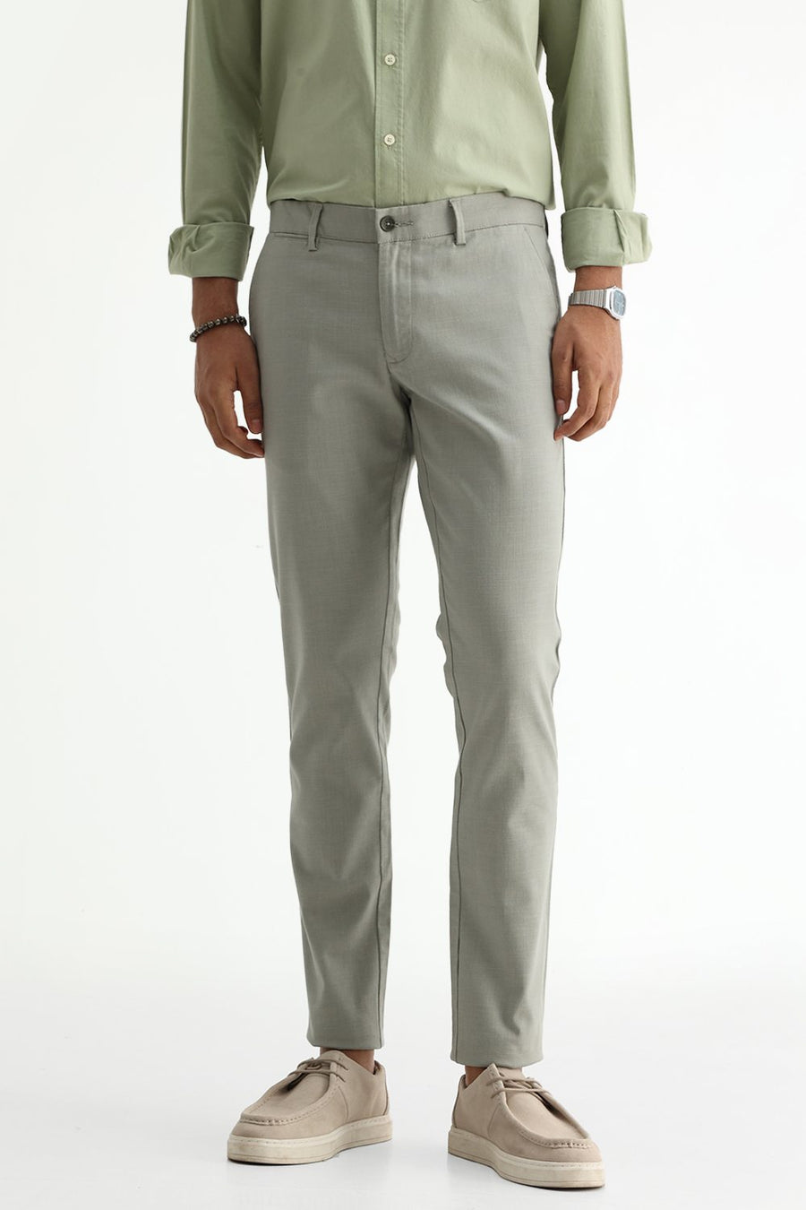 BASICS TAPERED FIT FOREST FOG GREEN COTTON STRETCH STRUCTURE TROUSER