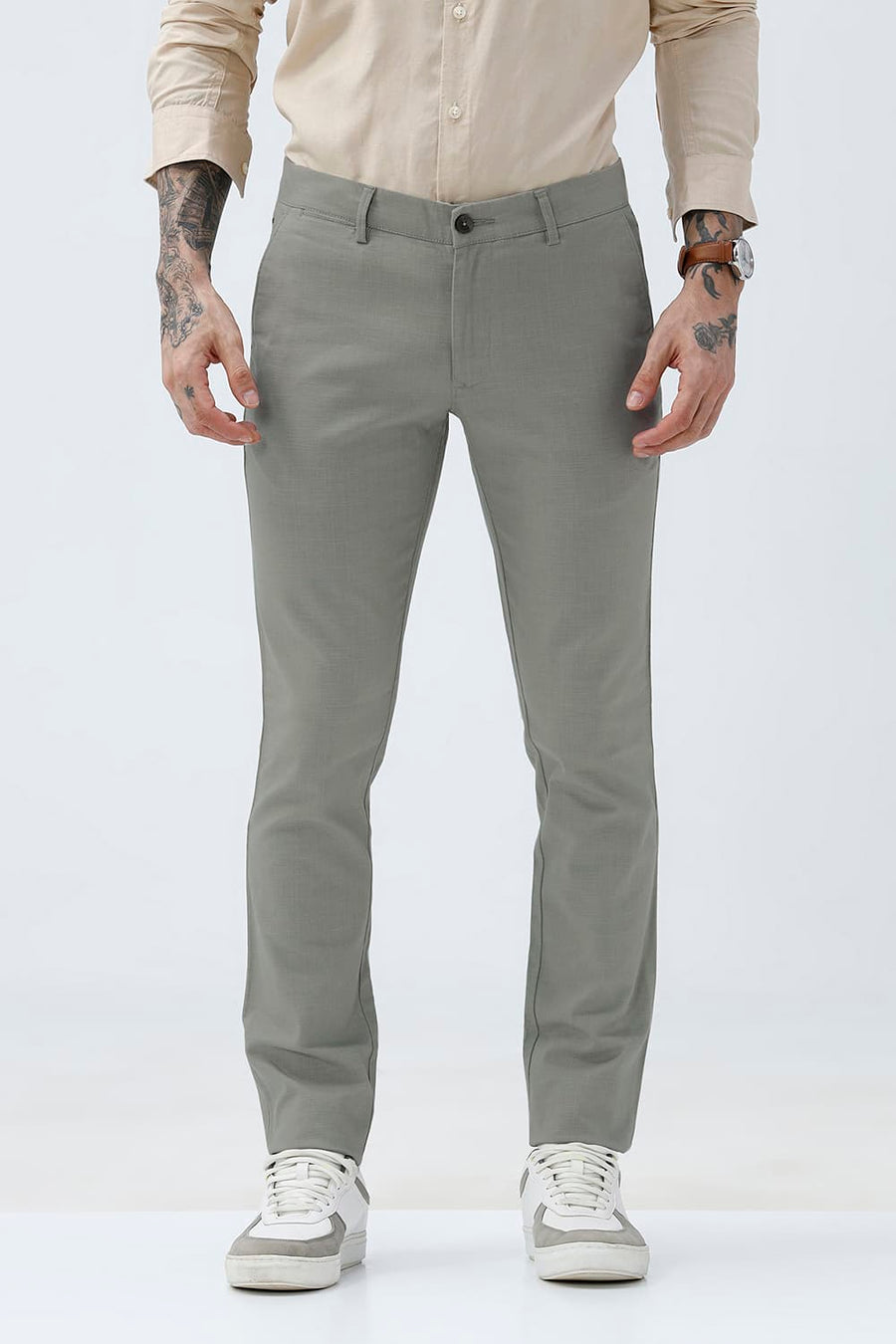 BASICS TAPERED FIT FOREST FOG GREEN COTTON STRETCH STRUCTURE TROUSER