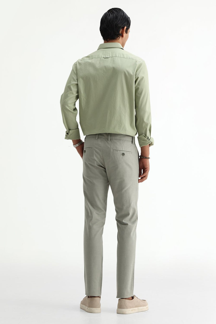 BASICS TAPERED FIT FOREST FOG GREEN COTTON STRETCH STRUCTURE TROUSER