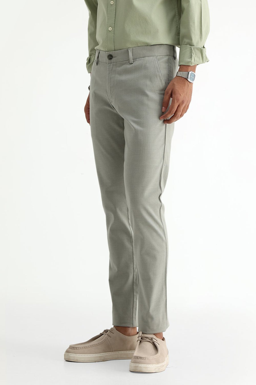 BASICS TAPERED FIT FOREST FOG GREEN COTTON STRETCH STRUCTURE TROUSER