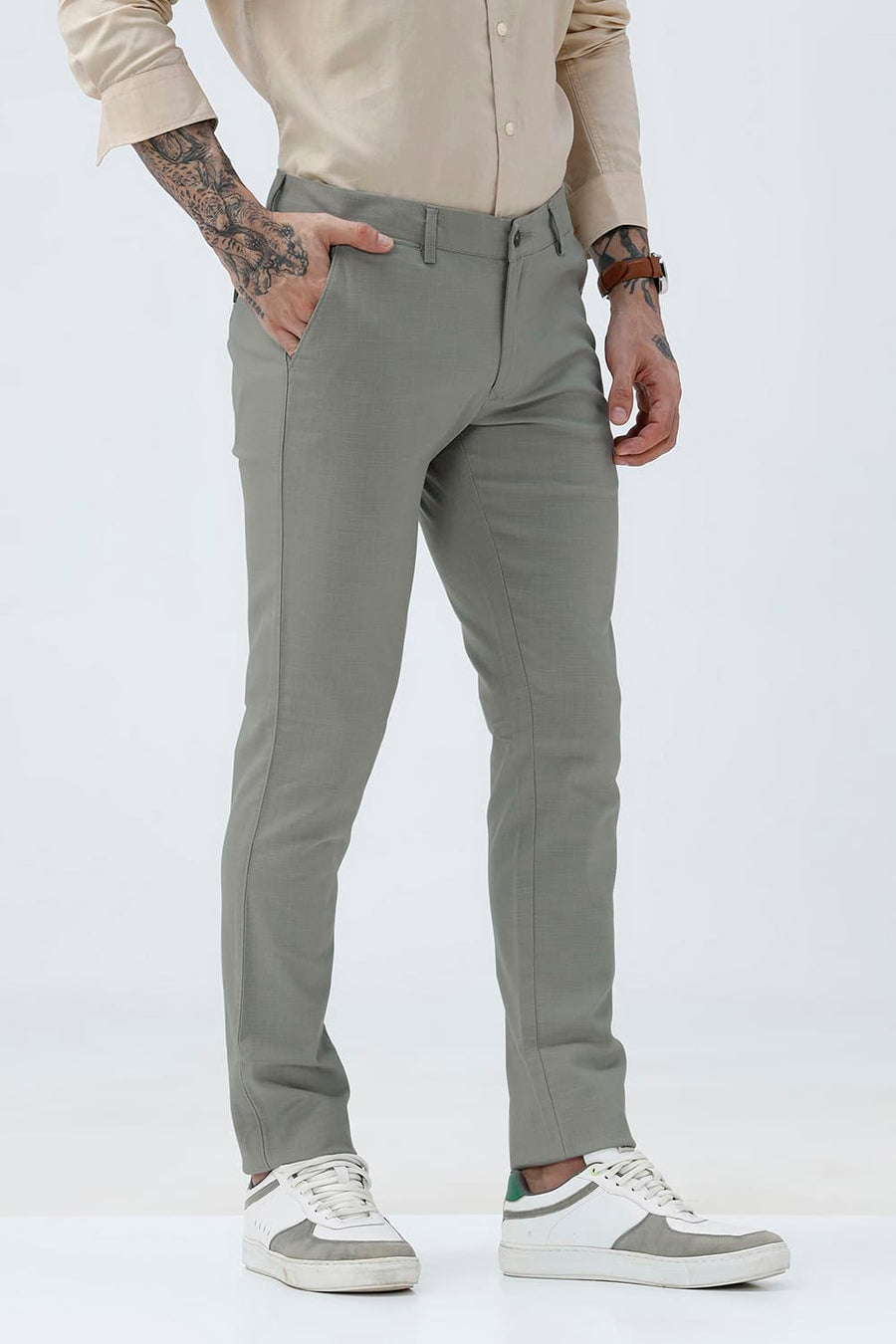 BASICS TAPERED FIT FOREST FOG GREEN COTTON STRETCH STRUCTURE TROUSER