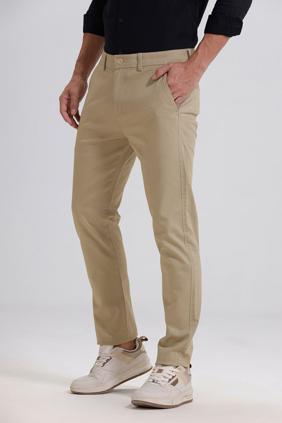 BASICS TAPERED FIT STRING STONE COTTON VISCOSE STRETCH TROUSER