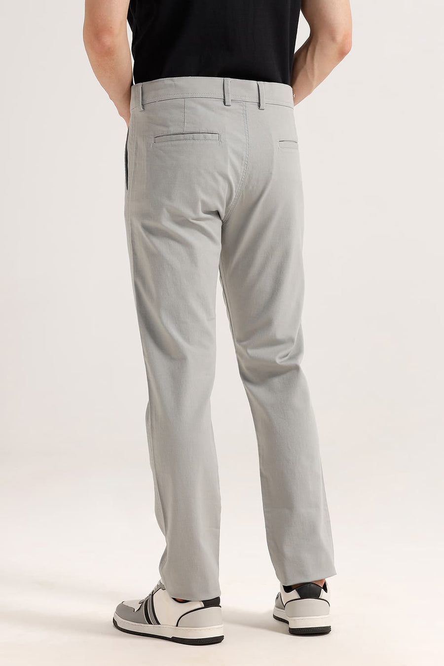 BASICS TAPERED FIT LIMESTONE GREY COTTON VISCOSE STRETCH TROUSER