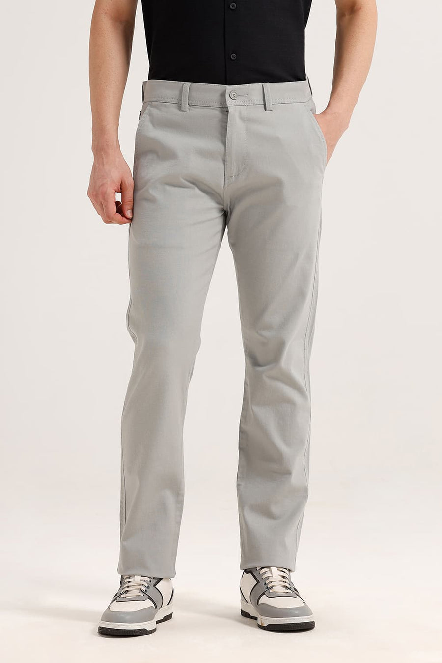 BASICS TAPERED FIT LIMESTONE GREY COTTON VISCOSE STRETCH TROUSER