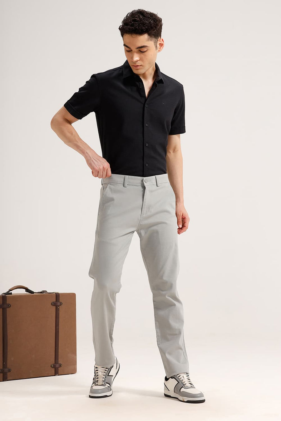 BASICS TAPERED FIT LIMESTONE GREY COTTON VISCOSE STRETCH TROUSER