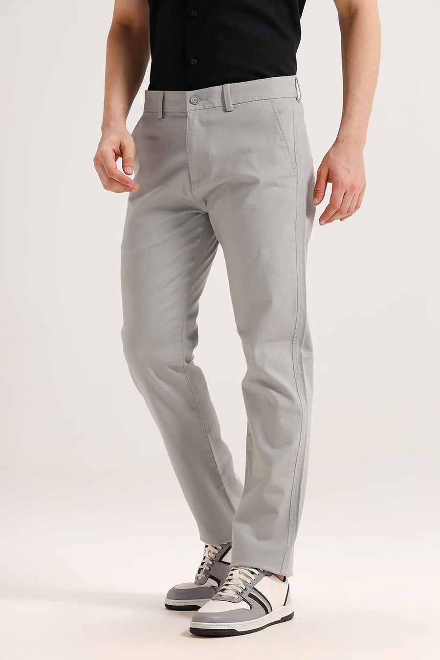BASICS TAPERED FIT LIMESTONE GREY COTTON VISCOSE STRETCH TROUSER