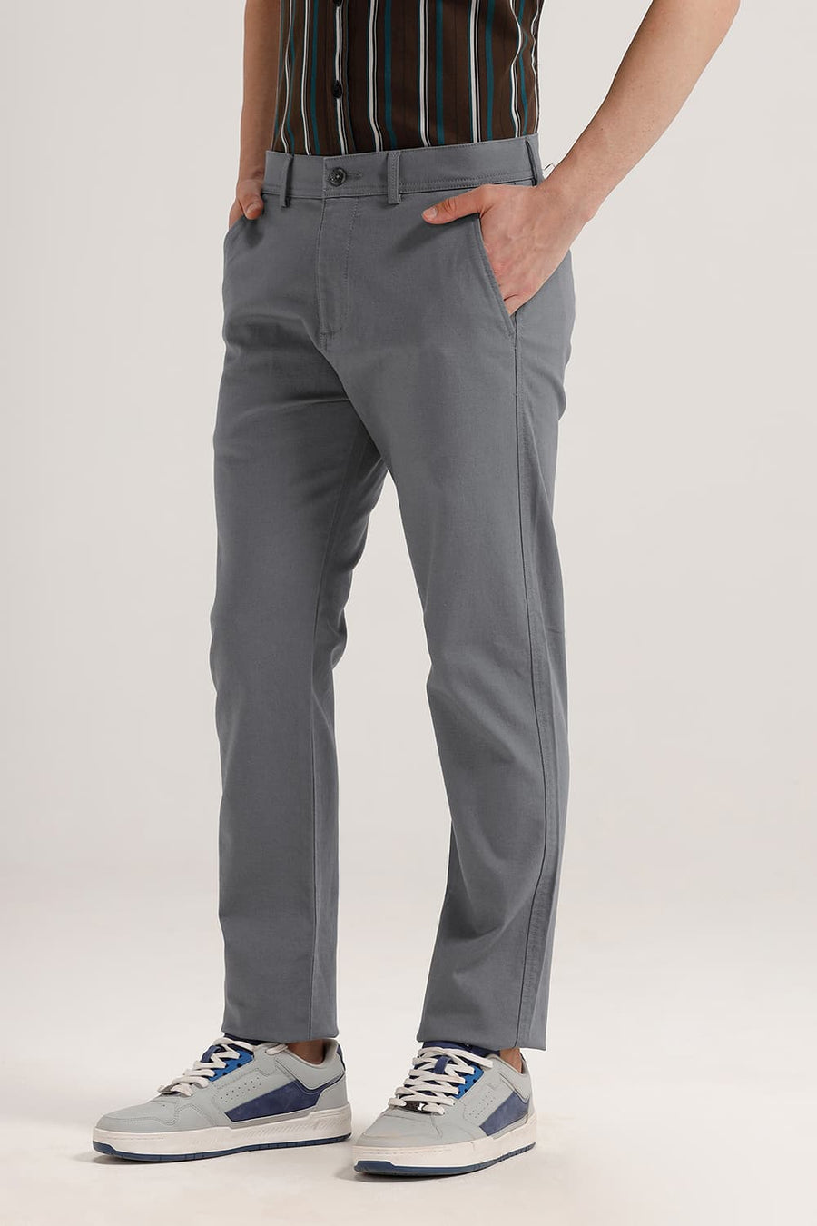 BASICS TAPERED FIT STEEL GREY COTTON VISCOSE STRETCH TROUSER
