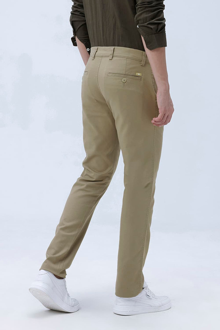 BASICS TAPERED FIT SILVER MINK KHAKI COTTON STRETCH TROUSER
