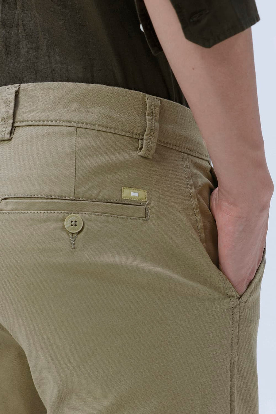 BASICS TAPERED FIT SILVER MINK KHAKI COTTON STRETCH TROUSER