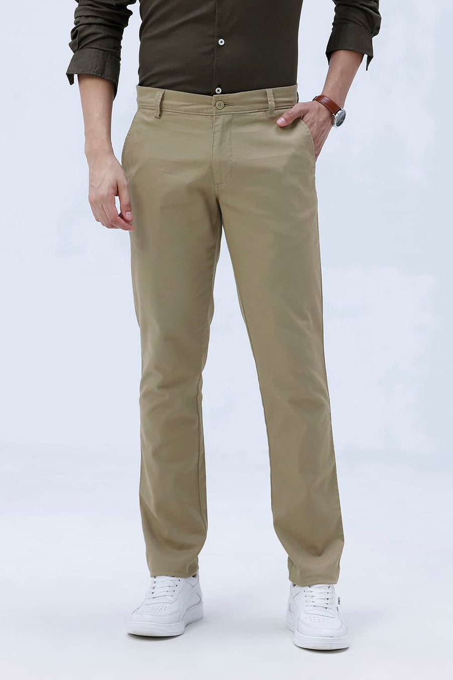 BASICS TAPERED FIT SILVER MINK KHAKI COTTON STRETCH TROUSER