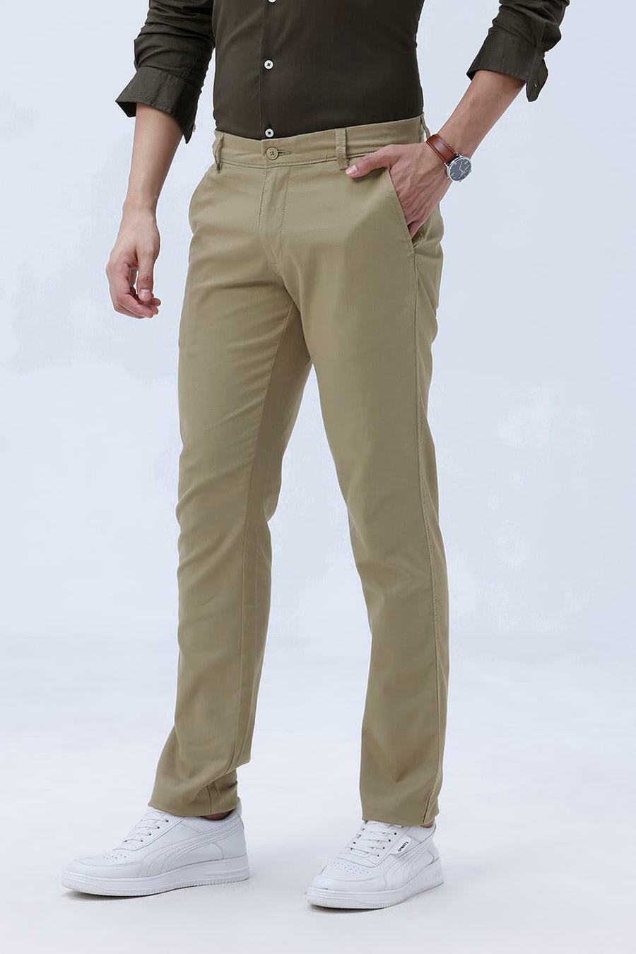 BASICS TAPERED FIT SILVER MINK KHAKI COTTON STRETCH TROUSER