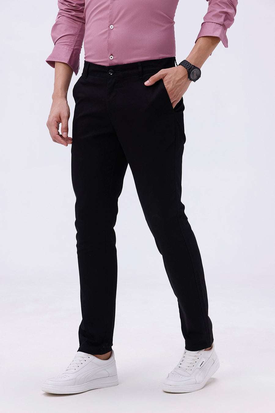 BASICS SKINNY FIT PHANTOM BLACK COTTON STRETCH TROUSER