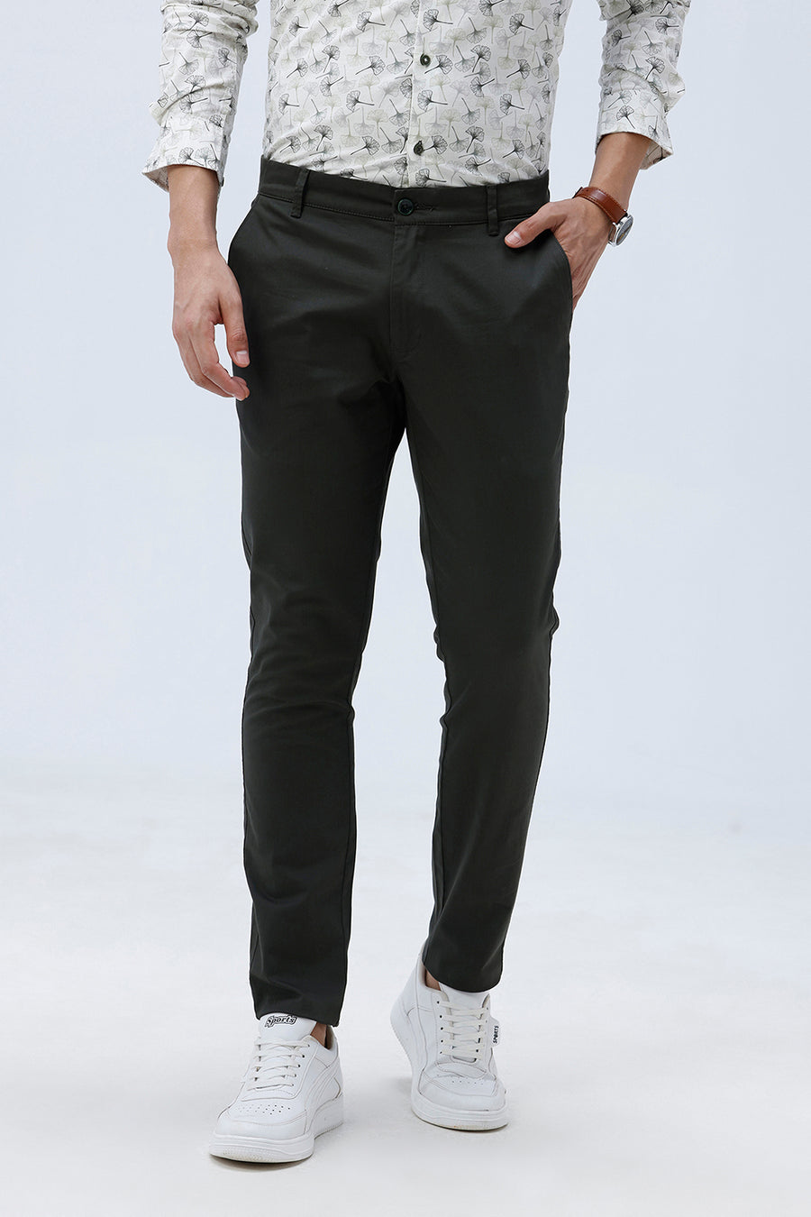 BASICS SKINNY FIT DEEP FOREST OLIVE COTTON STRETCH TROUSER