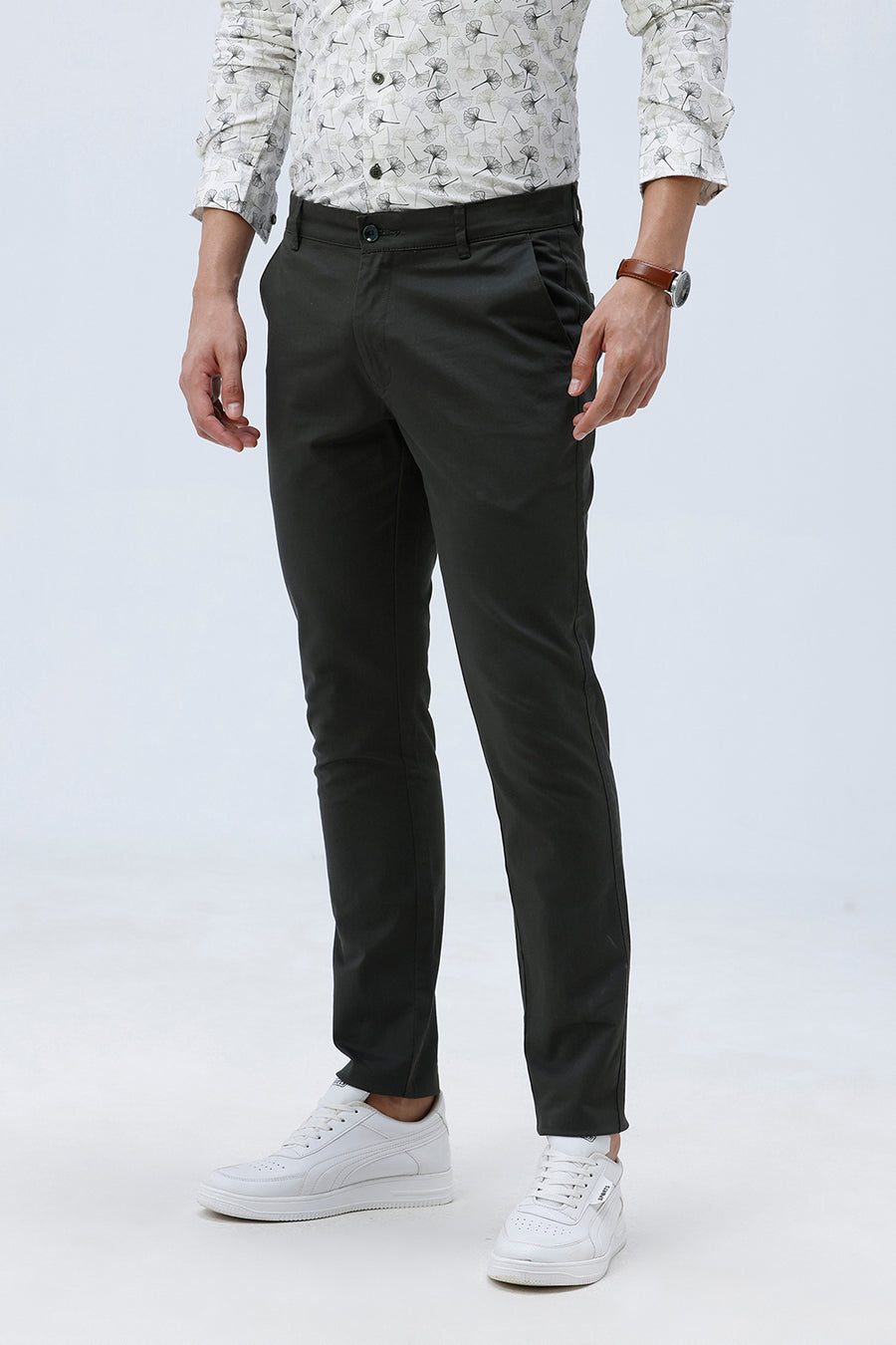 BASICS SKINNY FIT DEEP FOREST OLIVE COTTON STRETCH TROUSER