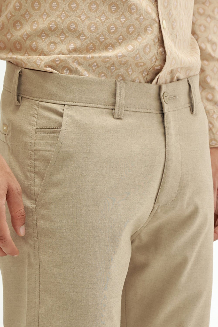 BASICS DRIFT FIT NOMAD KHAKI POLYESTER VISCOSE STRETCH STRUCTURE TROUSER