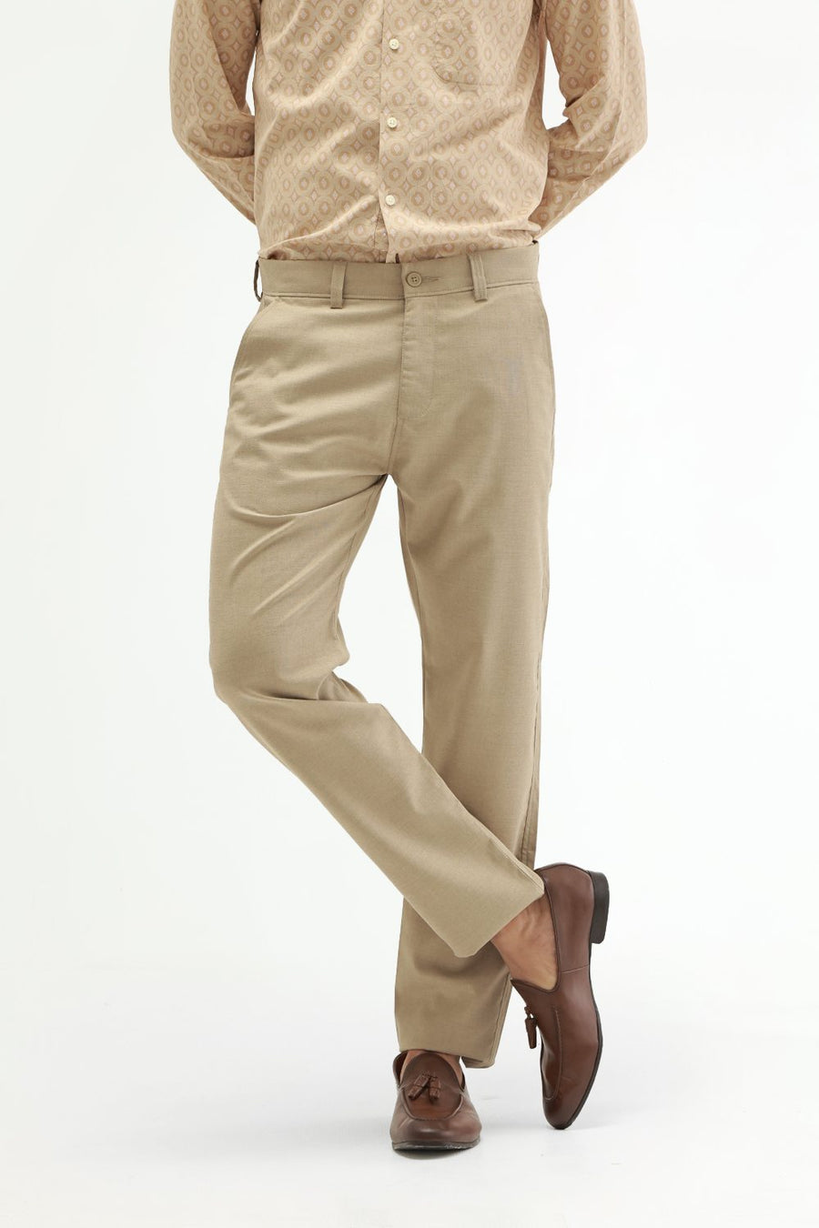 BASICS DRIFT FIT NOMAD KHAKI POLYESTER VISCOSE STRETCH STRUCTURE TROUSER