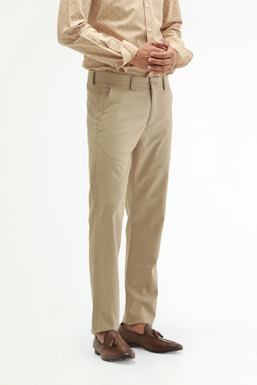 BASICS DRIFT FIT NOMAD KHAKI POLYESTER VISCOSE STRETCH STRUCTURE TROUSER
