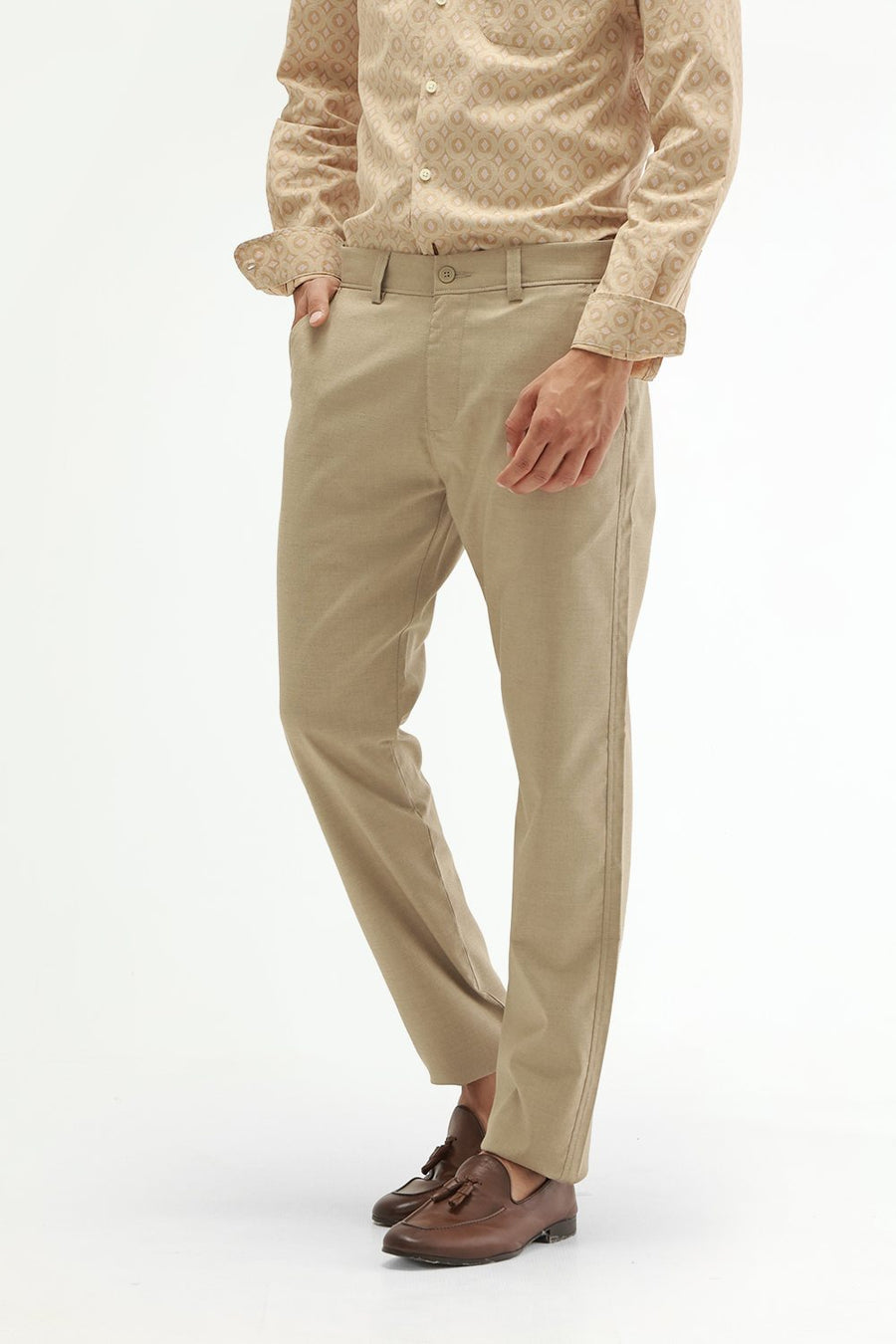 BASICS DRIFT FIT NOMAD KHAKI POLYESTER VISCOSE STRETCH STRUCTURE TROUSER
