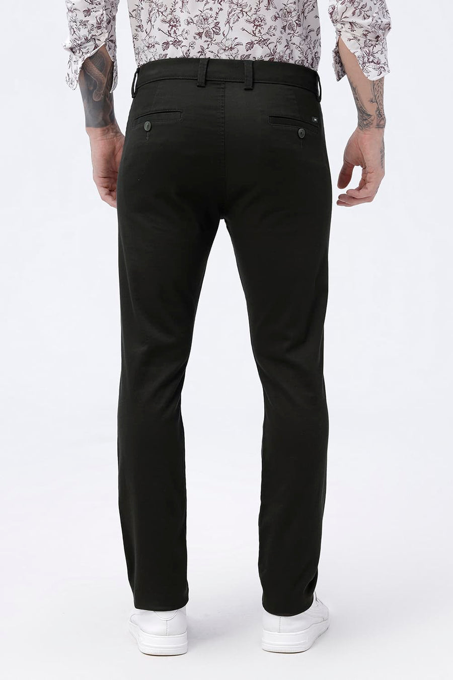 BASICS TAPERED FIT FOREST NIGHT OLIVE COTTON STRETCH STRUCTURE TROUSER