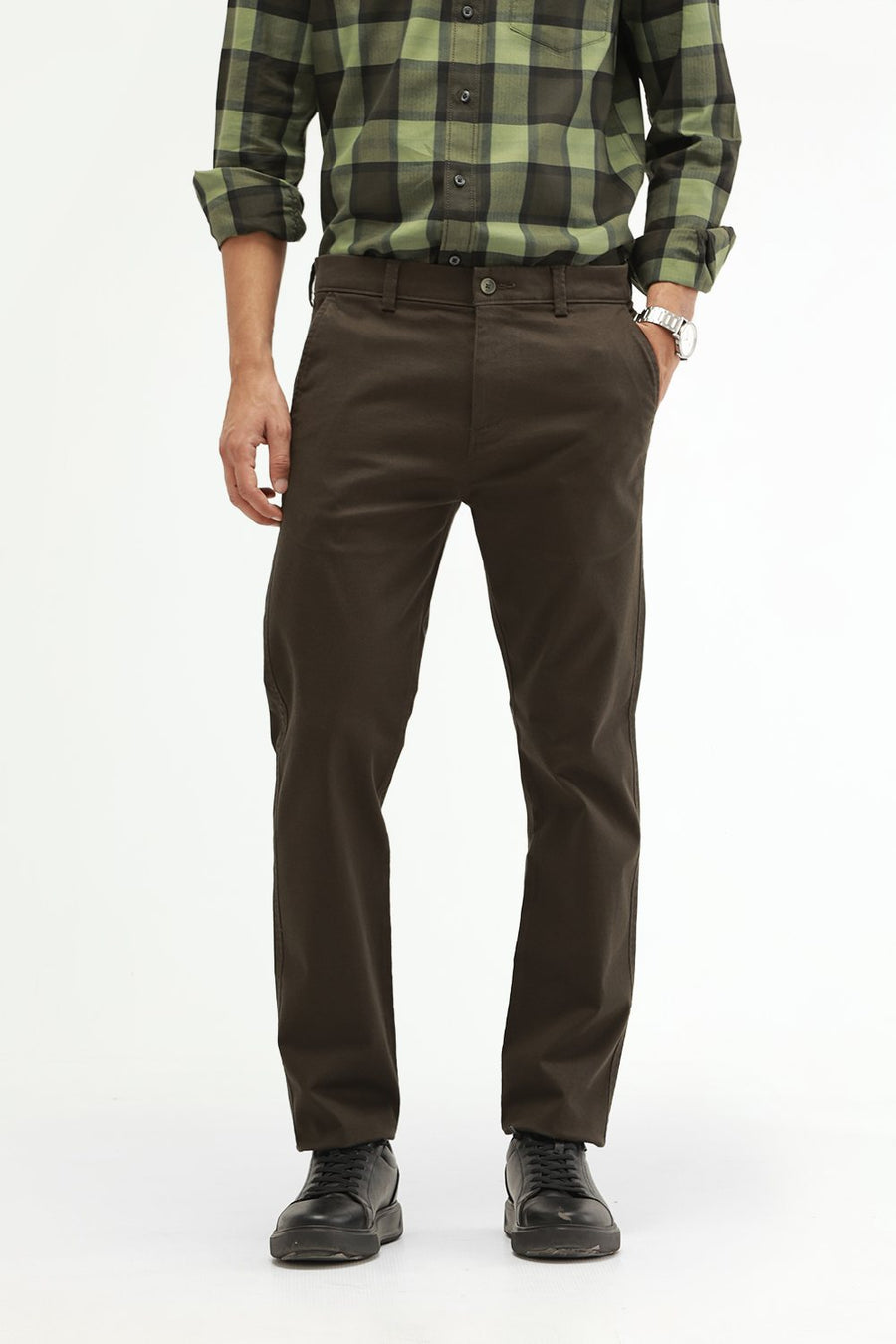 BASICS TAPERED FIT FOREST NIGHT OLIVE COTTON STRETCH STRUCTURE TROUSER