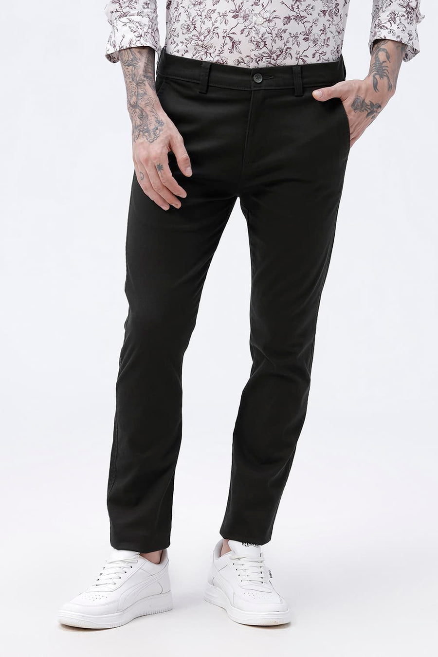 BASICS TAPERED FIT FOREST NIGHT OLIVE COTTON STRETCH STRUCTURE TROUSER