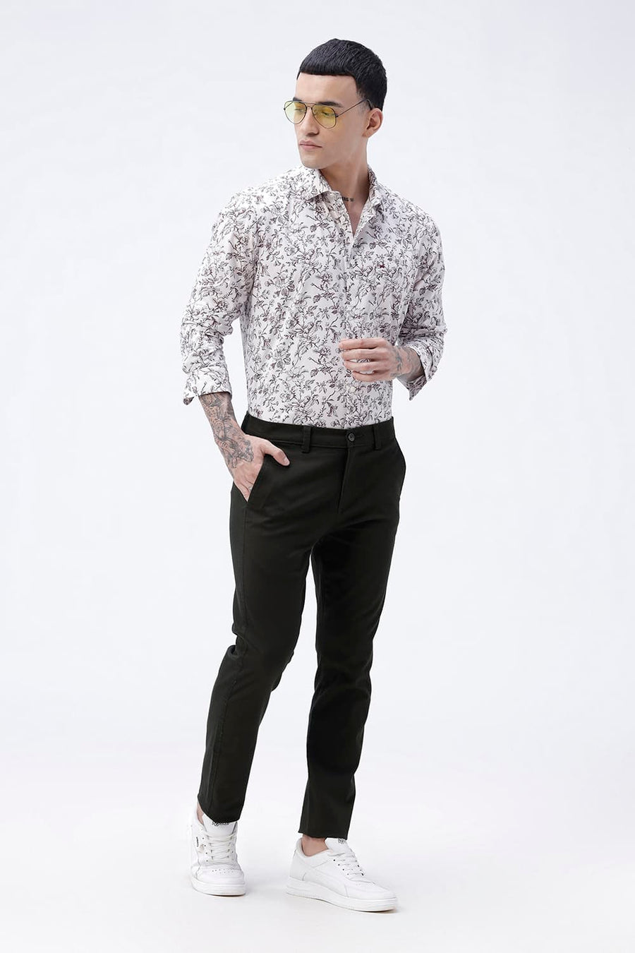 BASICS TAPERED FIT FOREST NIGHT OLIVE COTTON STRETCH STRUCTURE TROUSER