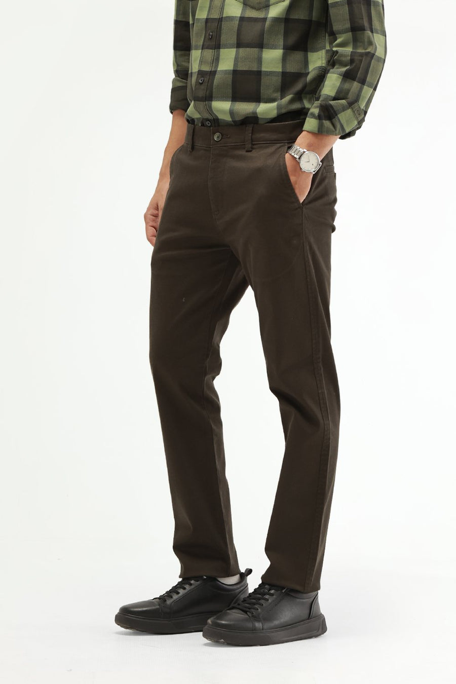 BASICS TAPERED FIT FOREST NIGHT OLIVE COTTON STRETCH STRUCTURE TROUSER