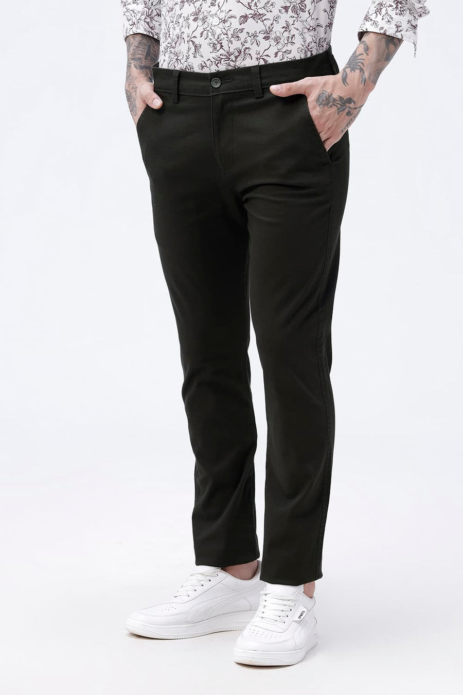 BASICS TAPERED FIT FOREST NIGHT OLIVE COTTON STRETCH STRUCTURE TROUSER