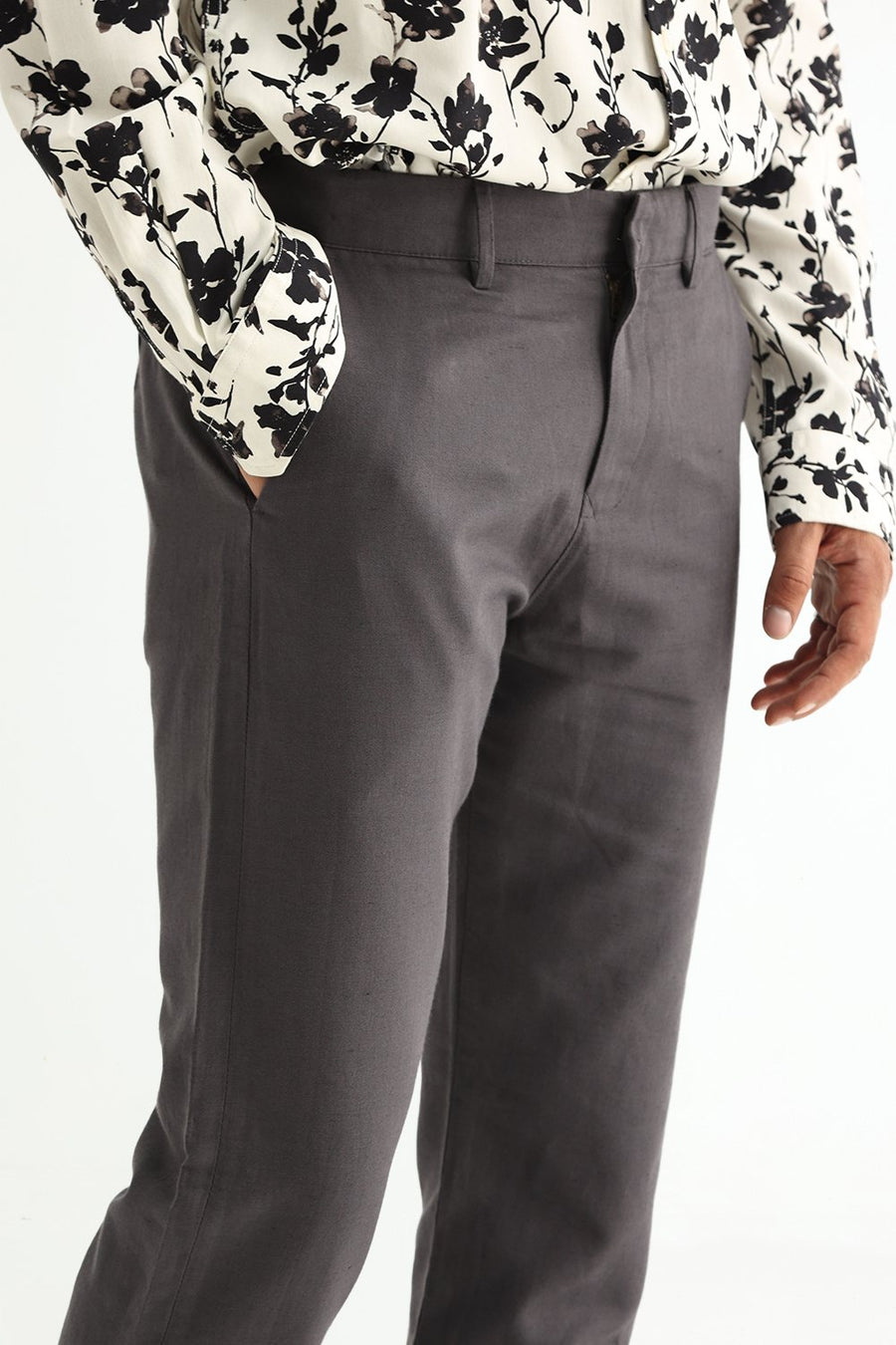 BASICS TAPERED FIT OBSIDIAN GREY COTTON LINEN STRUCTURE TROUSER