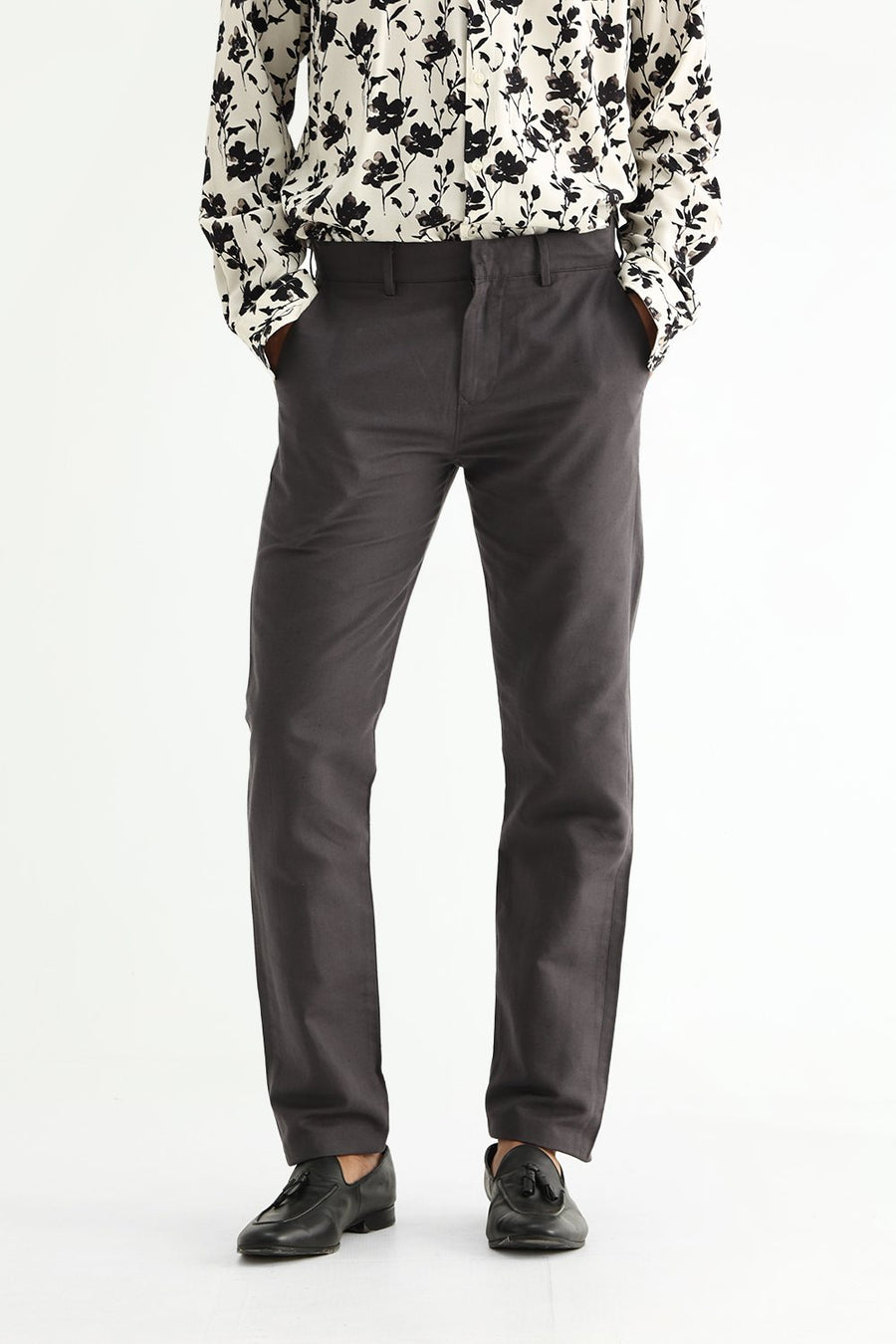 BASICS TAPERED FIT OBSIDIAN GREY COTTON LINEN STRUCTURE TROUSER