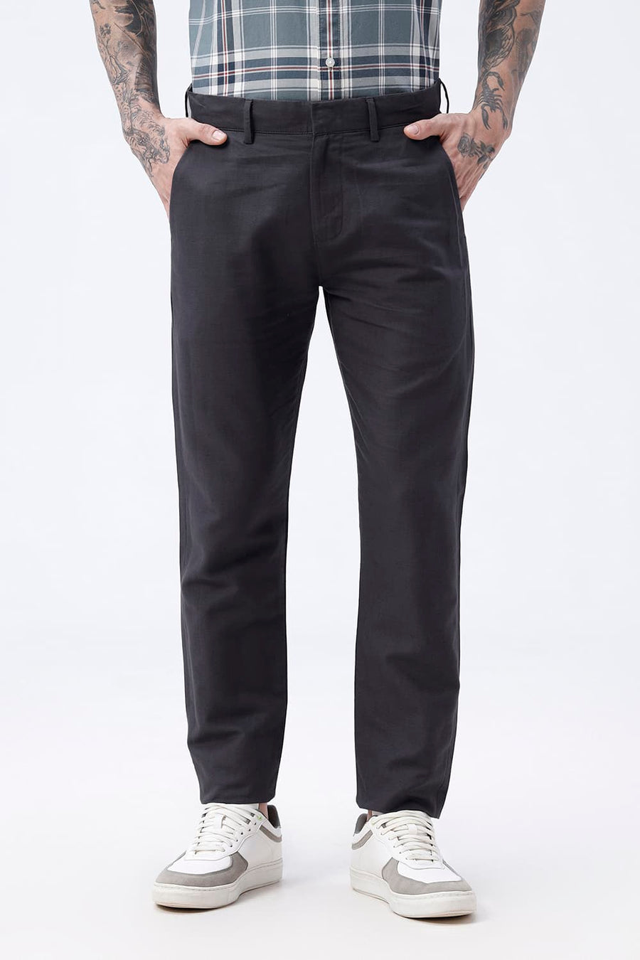 BASICS TAPERED FIT OBSIDIAN GREY COTTON LINEN STRUCTURE TROUSER