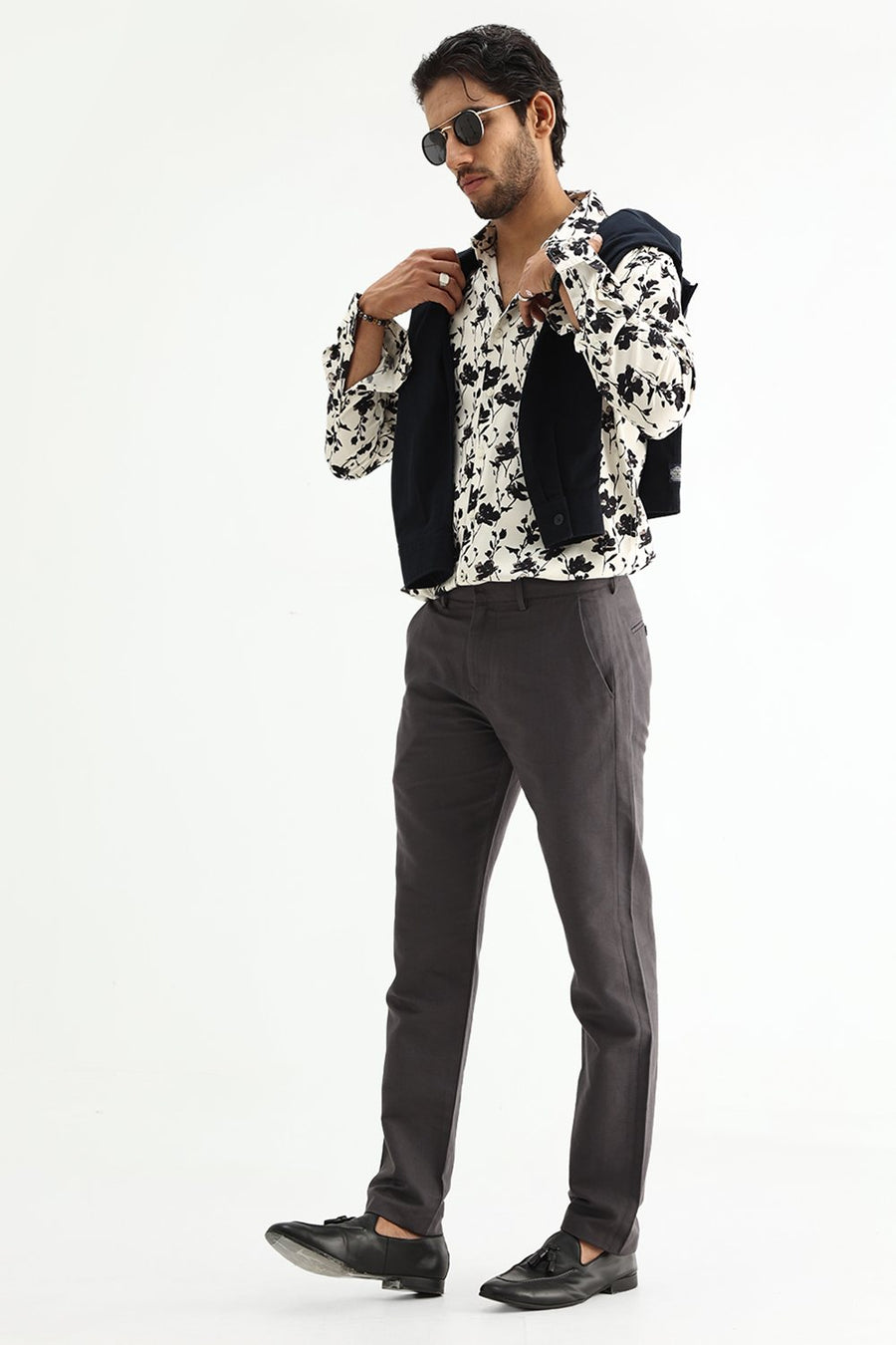 BASICS TAPERED FIT OBSIDIAN GREY COTTON LINEN STRUCTURE TROUSER