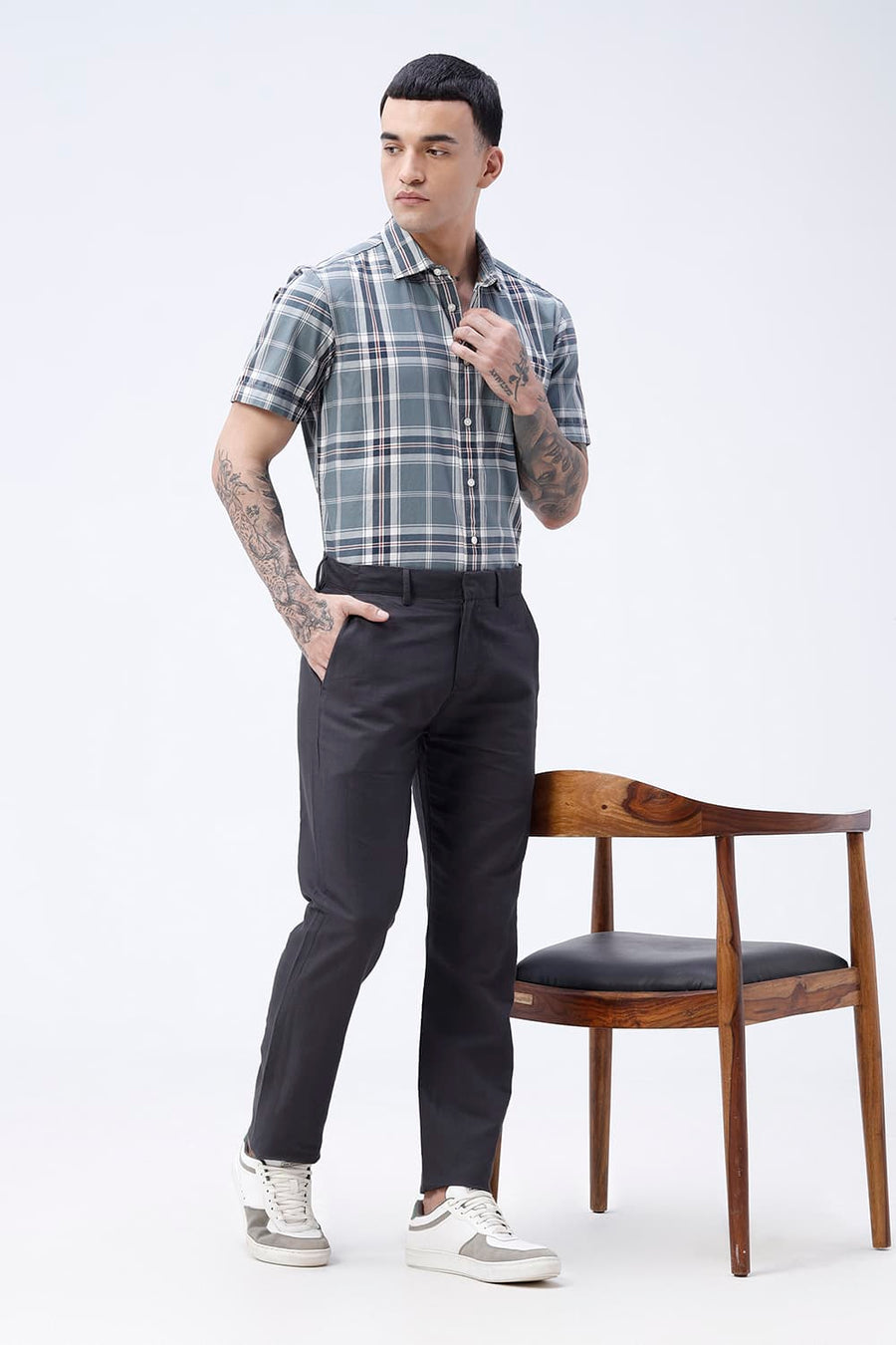 BASICS TAPERED FIT OBSIDIAN GREY COTTON LINEN STRUCTURE TROUSER