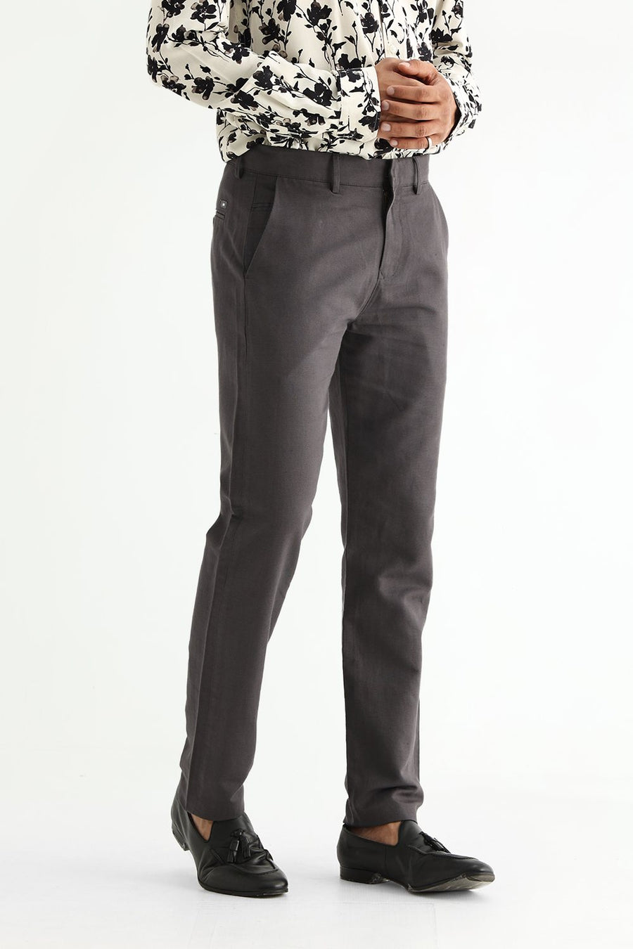 BASICS TAPERED FIT OBSIDIAN GREY COTTON LINEN STRUCTURE TROUSER