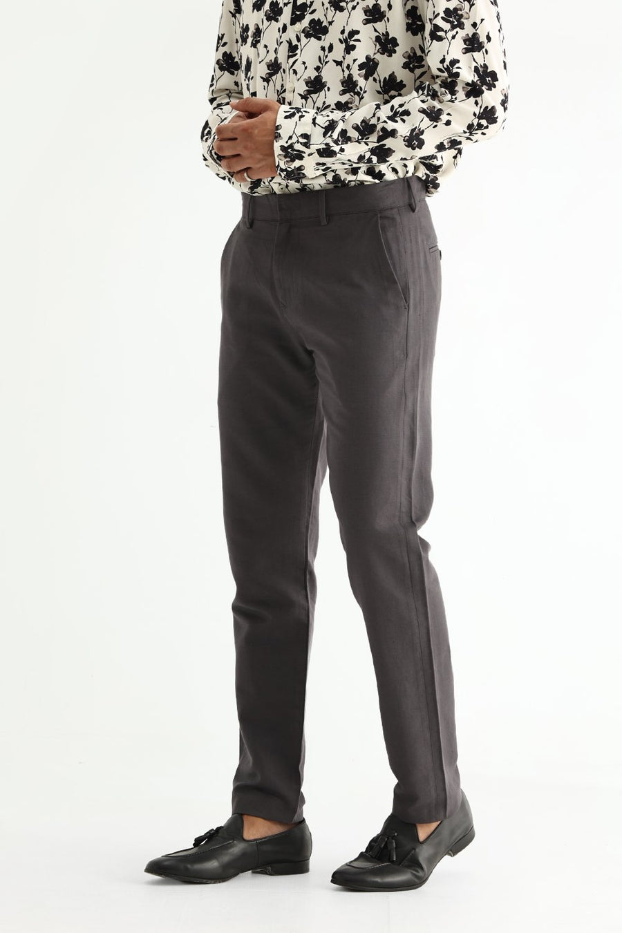 BASICS TAPERED FIT OBSIDIAN GREY COTTON LINEN STRUCTURE TROUSER