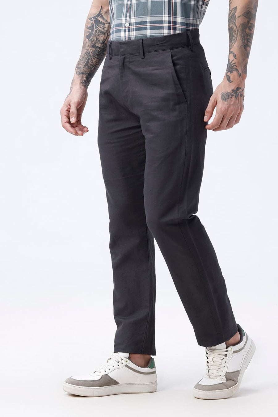 BASICS TAPERED FIT OBSIDIAN GREY COTTON LINEN STRUCTURE TROUSER